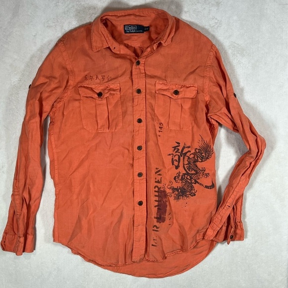 Polo Ralph Lauren M Silk Linen Blend Chinese Dragon Military Field Grade Shirt - Picture 2 of 12